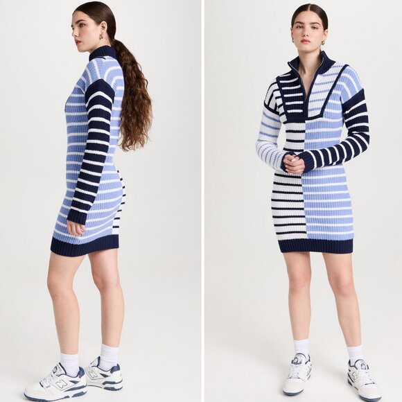 NEW STAUD Mini Hampton Dress - Adriatic Stripe Navy Blue White Knit Causal - Picture 3 of 8